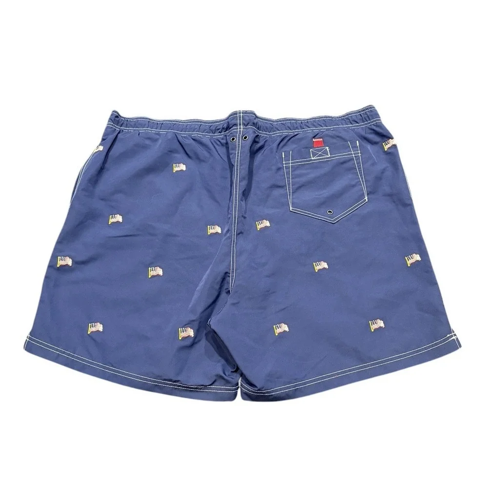 Lands End Swim Trunks Mens XXL Blue Embroidered Patriotic American Flags Lined
